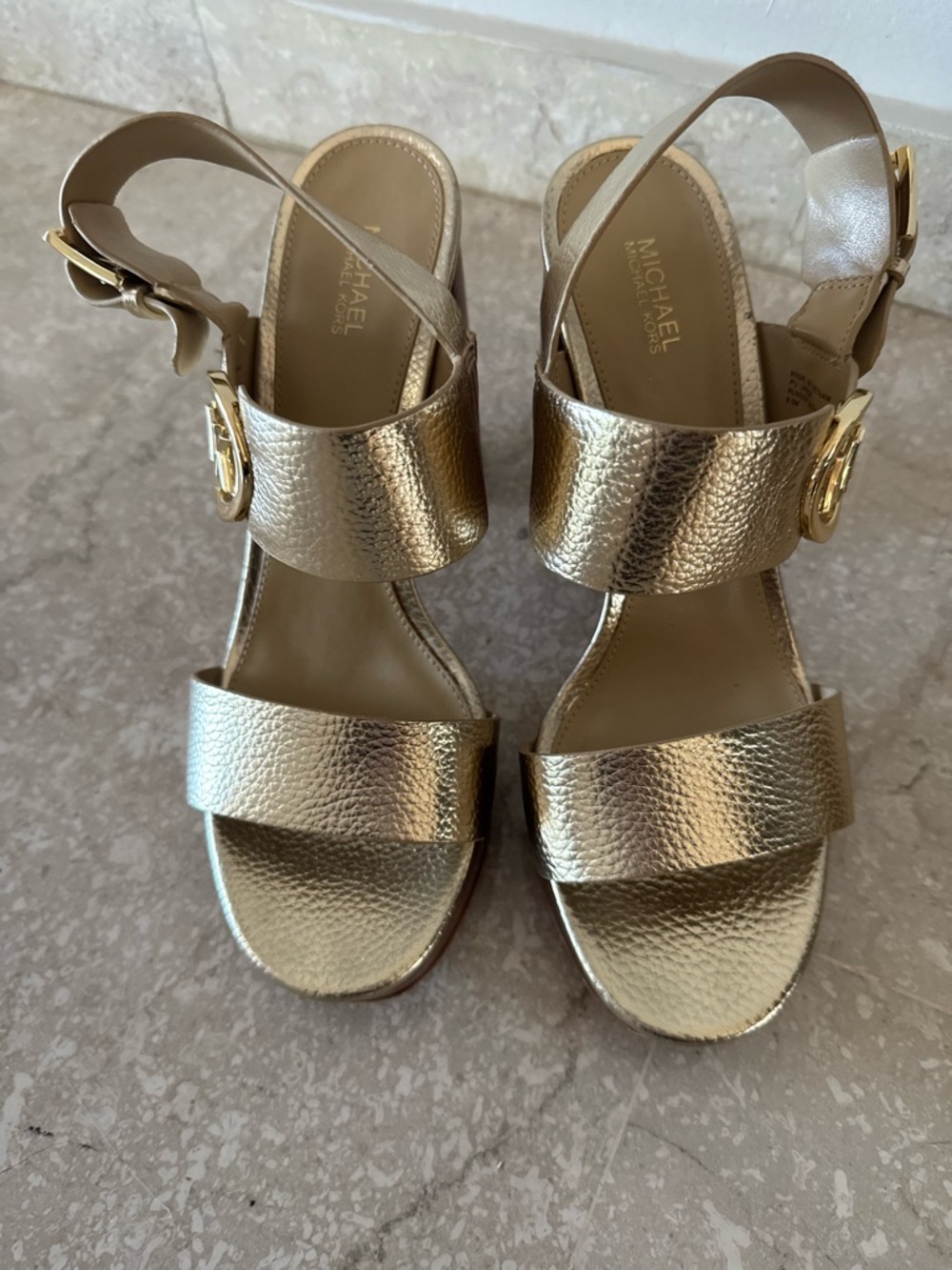 Michael Kors Metallic Gold Leather Block Heel Slingbacks